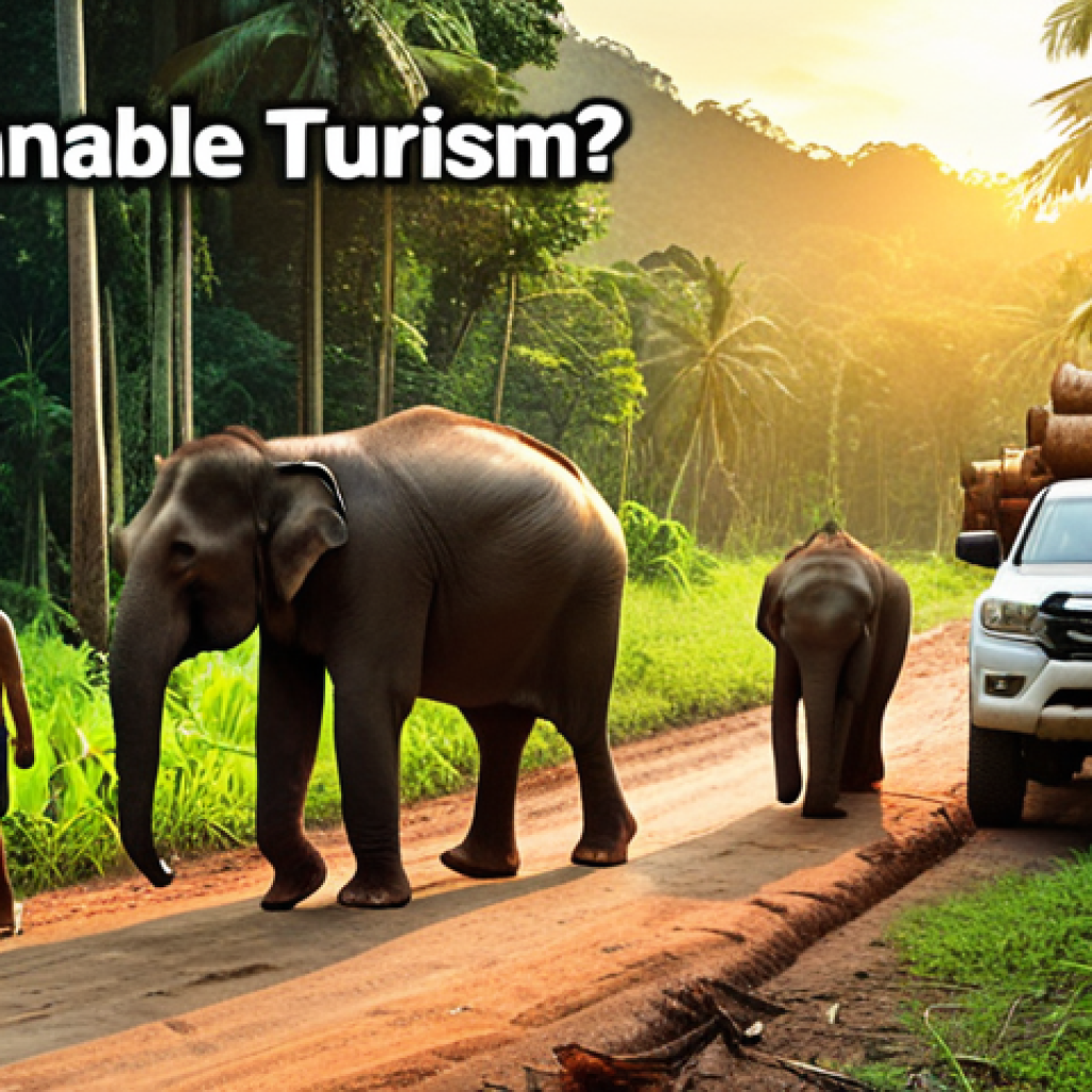 **

Prompt: Lush Thai jungle scene, elephant family walking peacefully, juxtaposed with a deforested area showing logging trucks in the background. Overlaid text: "Sustainable Tourism: Thailand's Future?" Dramatic sunset lighting.

**