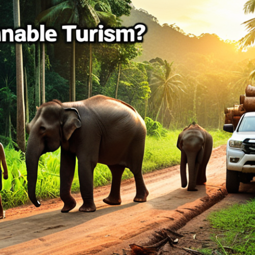 **

Prompt: Lush Thai jungle scene, elephant family walking peacefully, juxtaposed with a deforested area showing logging trucks in the background. Overlaid text: "Sustainable Tourism: Thailand's Future?" Dramatic sunset lighting.

**