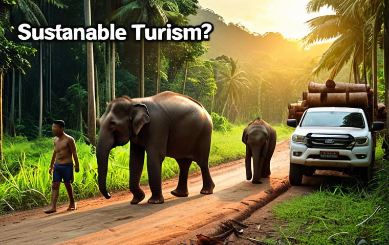 **

Prompt: Lush Thai jungle scene, elephant family walking peacefully, juxtaposed with a deforested area showing logging trucks in the background. Overlaid text: "Sustainable Tourism: Thailand's Future?" Dramatic sunset lighting.

**