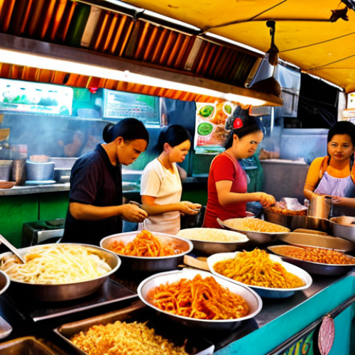 **A vibrant street food stall in Bangkok, Thailand. Focus on the diverse aromas and colors of Pad Thai being cooked. Capture the bustling atmosphere with many customers.**