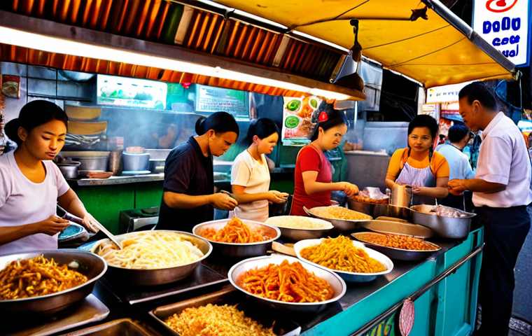 **A vibrant street food stall in Bangkok, Thailand. Focus on the diverse aromas and colors of Pad Thai being cooked. Capture the bustling atmosphere with many customers.**