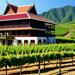**

`A sun-drenched Thai vineyard in Khao Yai. Focus on Syrah grapes ripening under protective netting. In the background, show the rolling hills and perhaps a traditional Thai-style building acting as a winery. Capture the vibrant colors of the tropics with a clear blue sky.  Emphasize the modern irrigation system. Style: Photorealistic, bright, high-resolution.`

**