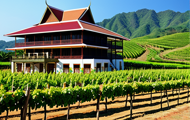 **

`A sun-drenched Thai vineyard in Khao Yai. Focus on Syrah grapes ripening under protective netting. In the background, show the rolling hills and perhaps a traditional Thai-style building acting as a winery. Capture the vibrant colors of the tropics with a clear blue sky.  Emphasize the modern irrigation system. Style: Photorealistic, bright, high-resolution.`

**
